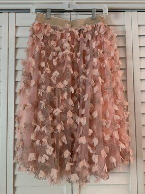 EleStory Pink 3D Flower Tulle Midi Skirt Gold Glitter Waistband Size M